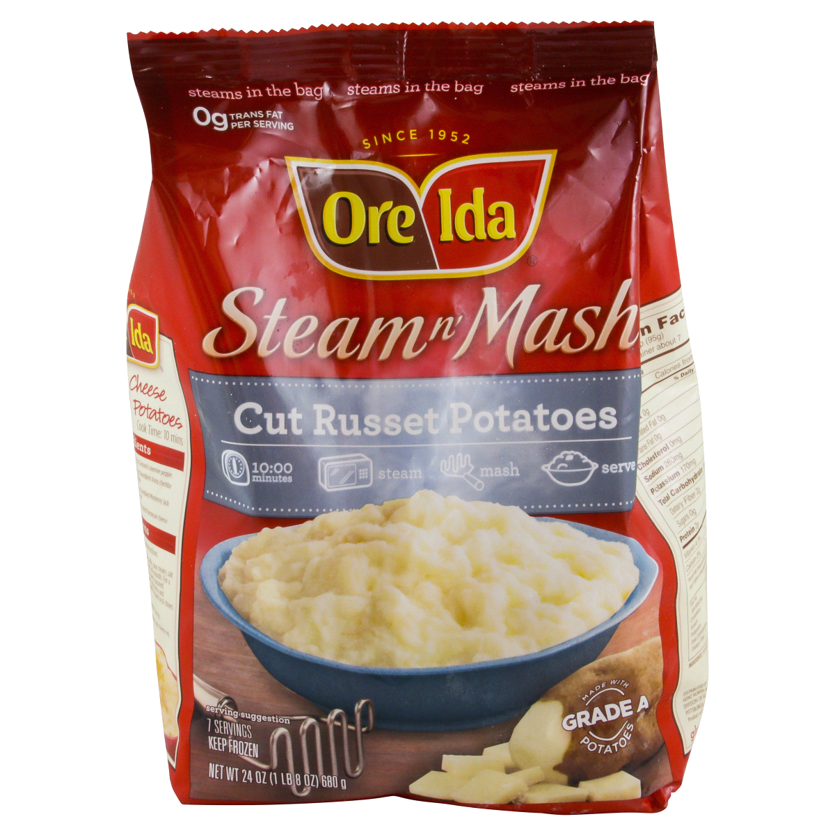 slide 1 of 8, Ore-Ida Home Style Steam'N' Mash Recipe Ready Pre-Cut Russet Potatoes Frozen Side Dish, 24 oz