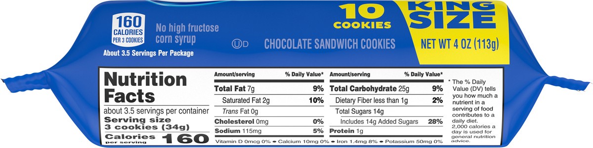 slide 6 of 9, OREO Chocolate Sandwich Cookies, King Size, 4 oz Snack Pack (10 Cookies Per Pack), 4 oz