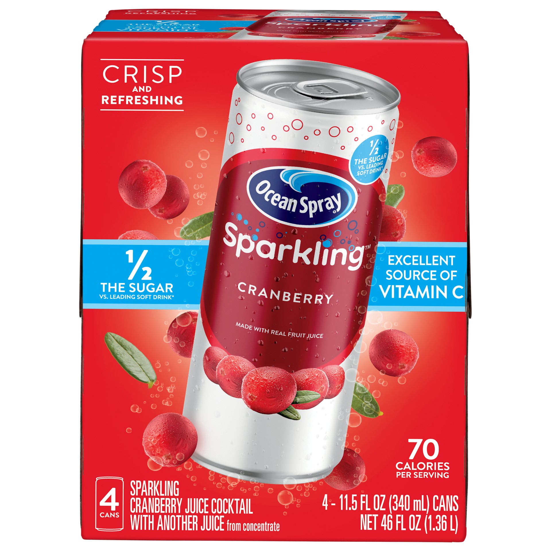 slide 1 of 9, Ocean Spray Sparkling Cranberry Juice Drink, 11.5 Fl Oz Cans, 4 Count, 46 fl oz