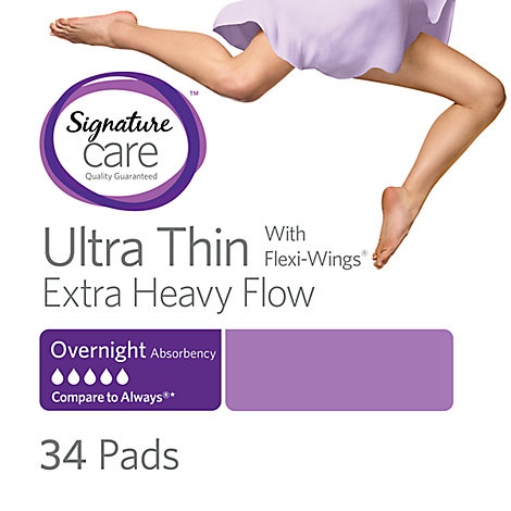 slide 1 of 1, Signature Care Pads With Flexi Wings Ultra Thin Extra Heavy Flow Overnight Absorbency, 34 ct