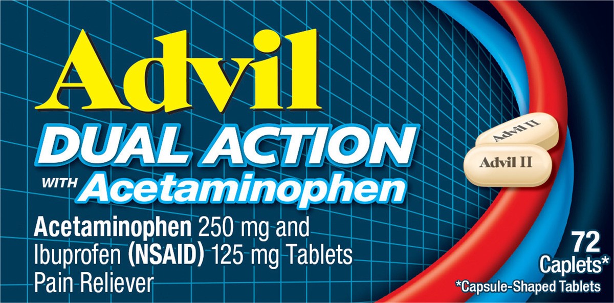 slide 1 of 1, Advil Dual Action Coated Caplets with Acetaminophen, 250 Mg Ibuprofen and 500 Mg Acetaminophen Per Dose (2 Caplet Equivalent) for 8 Hour Pain Relief - 72 Count, 72 ct