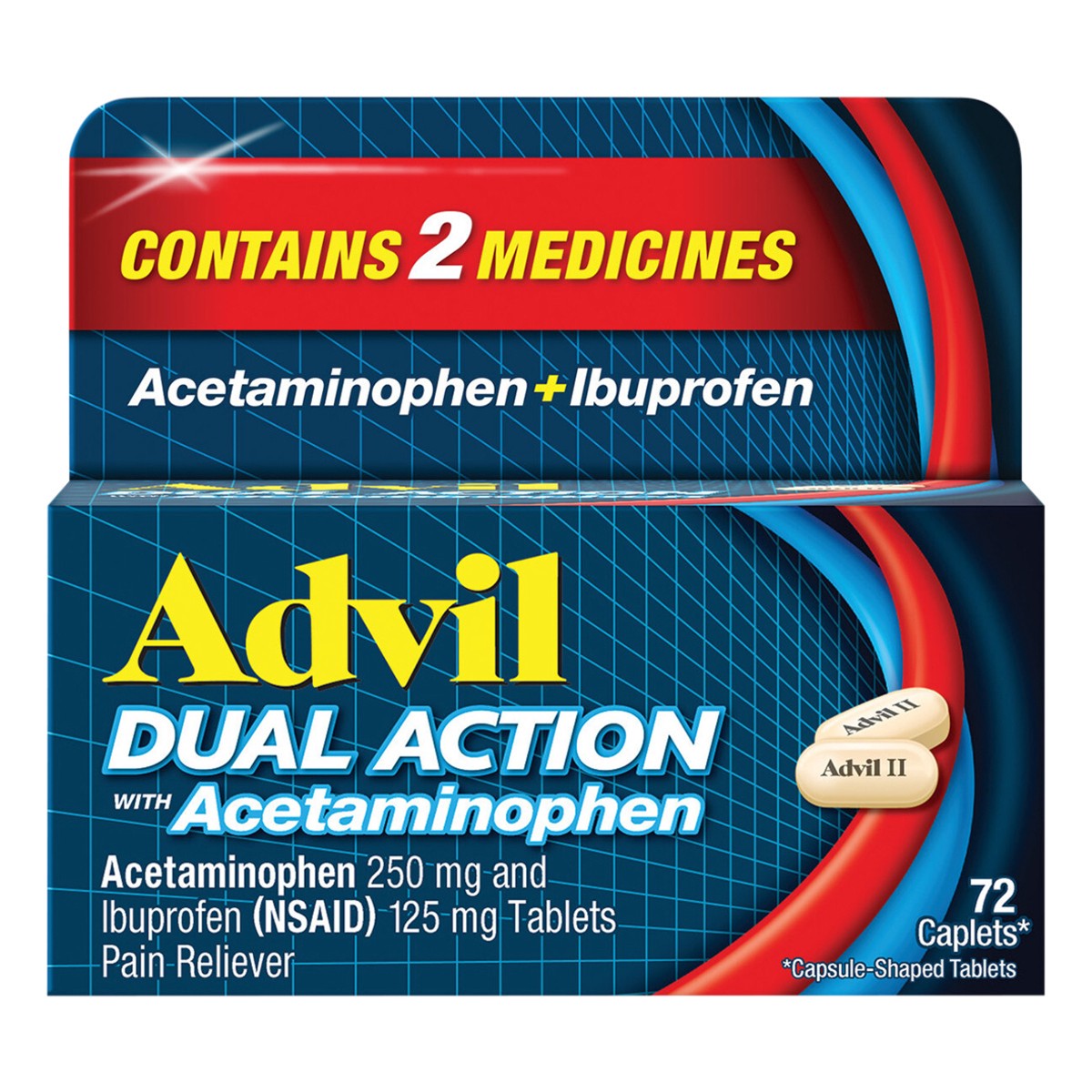 slide 1 of 5, Advil Dual Action with Acetaminophen combination of 125mg Ibuprofen and 250mg Acetaminophen Coated Caplets - 72ct, 72 cnt