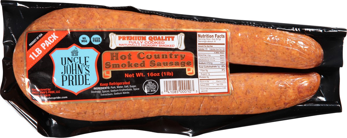 slide 9 of 11, Uncle John's Pride Hot Country Smoked Sausage, 16 oz