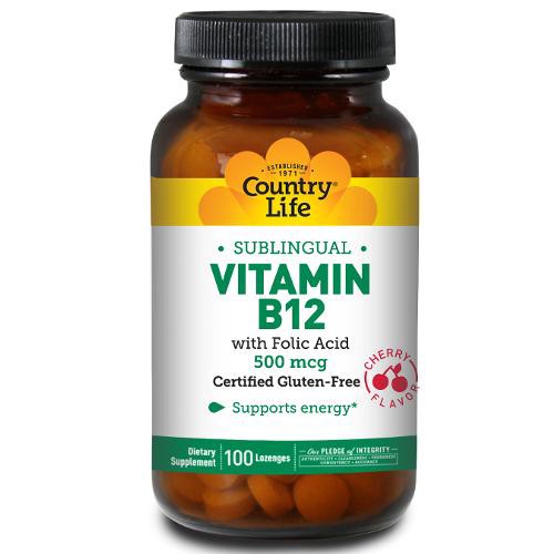 slide 1 of 1, Country Life Vitamin B12 With Folate 500 Mcg Cherry Flavor Lozenges, 100 ct