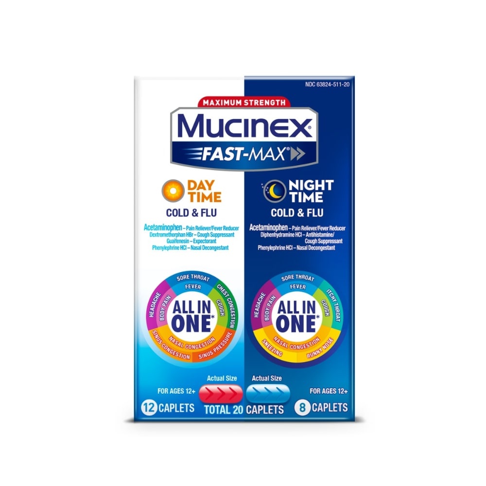 slide 1 of 1, Mucinex Fastmax Day Night Cold Flu Multisymptom Relief Medicine Caplets, 20 ct