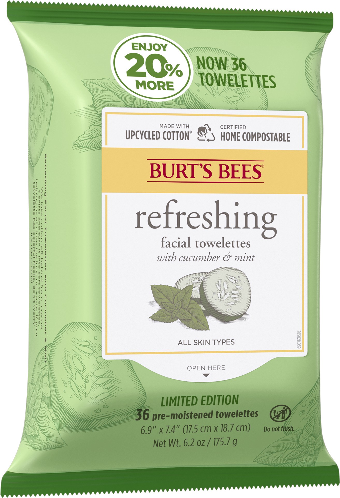 slide 4 of 5, Burt's Bees Refreshing Facial Towelettes With Cucumber and Mint, 99 Percent Natural Origin, 36 ct. Package, 1 ct