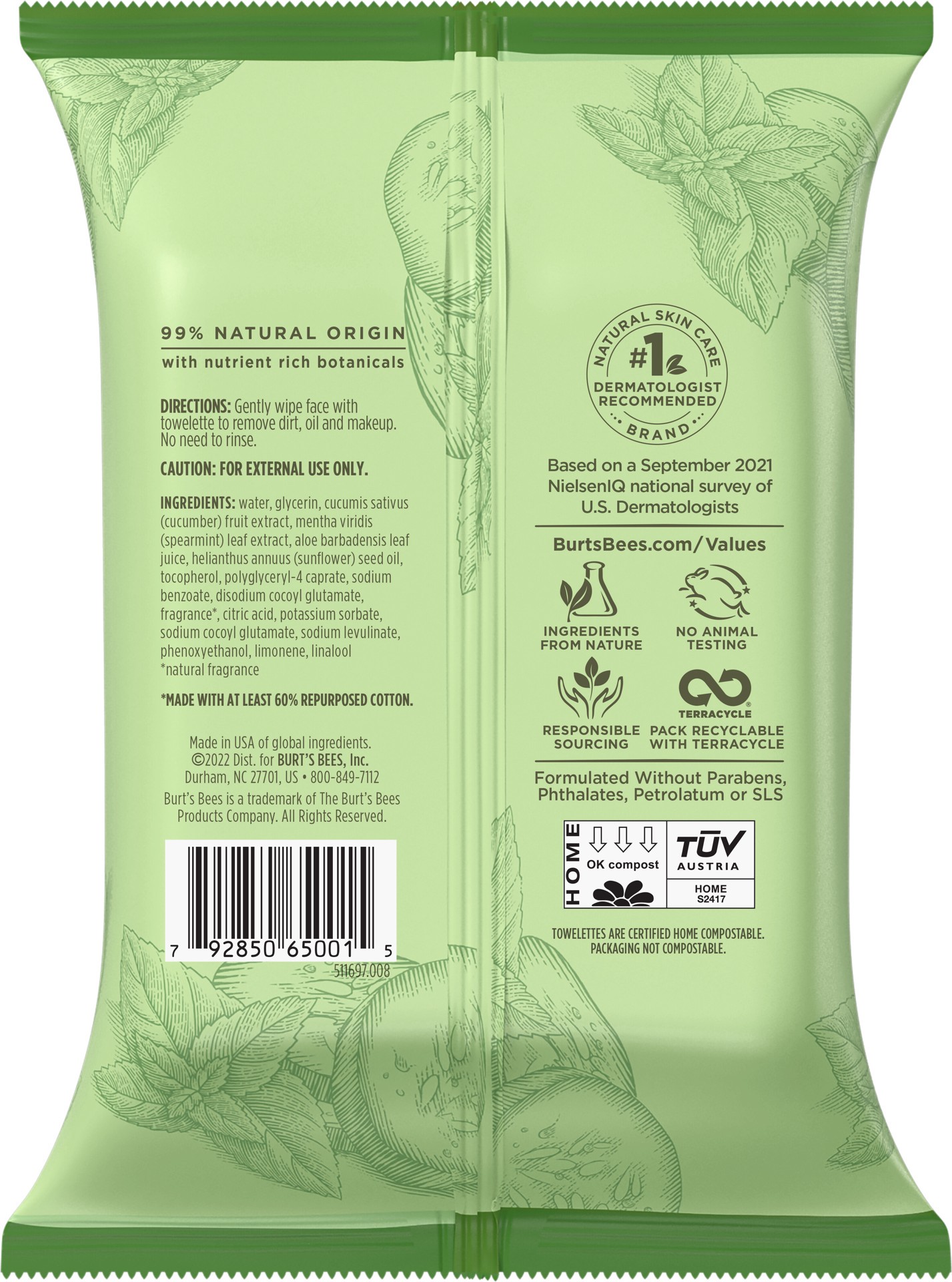 slide 2 of 5, Burt's Bees Refreshing Facial Towelettes With Cucumber and Mint, 99 Percent Natural Origin, 36 ct. Package, 1 ct