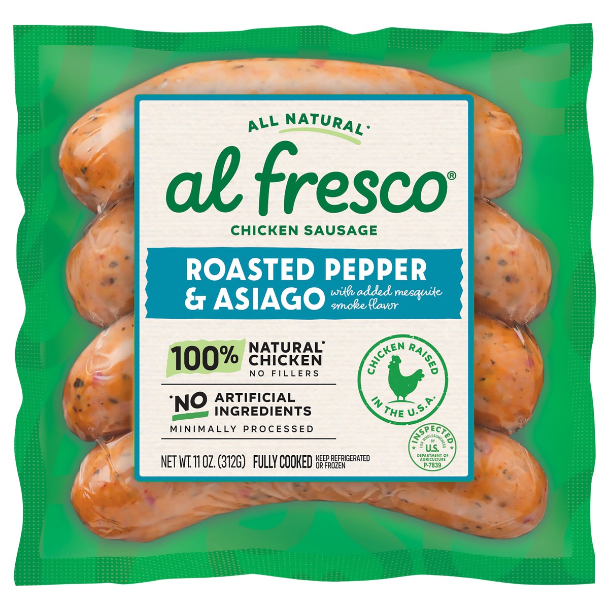 slide 1 of 9, Al Fresco Roasted Pepper & Asiago Chicken Sausage, 11 oz, 11 oz