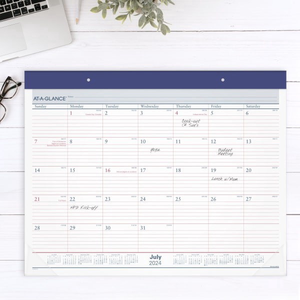 slide 2 of 8, 2024-2025 At-A-Glance Academic Standard Monthly Desk Pad Calendar, 21-3/4"" X 17"", Blue/Red, July To June, 1 ct