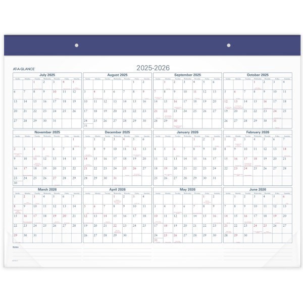 slide 4 of 8, 2024-2025 At-A-Glance Academic Standard Monthly Desk Pad Calendar, 21-3/4"" X 17"", Blue/Red, July To June, 1 ct