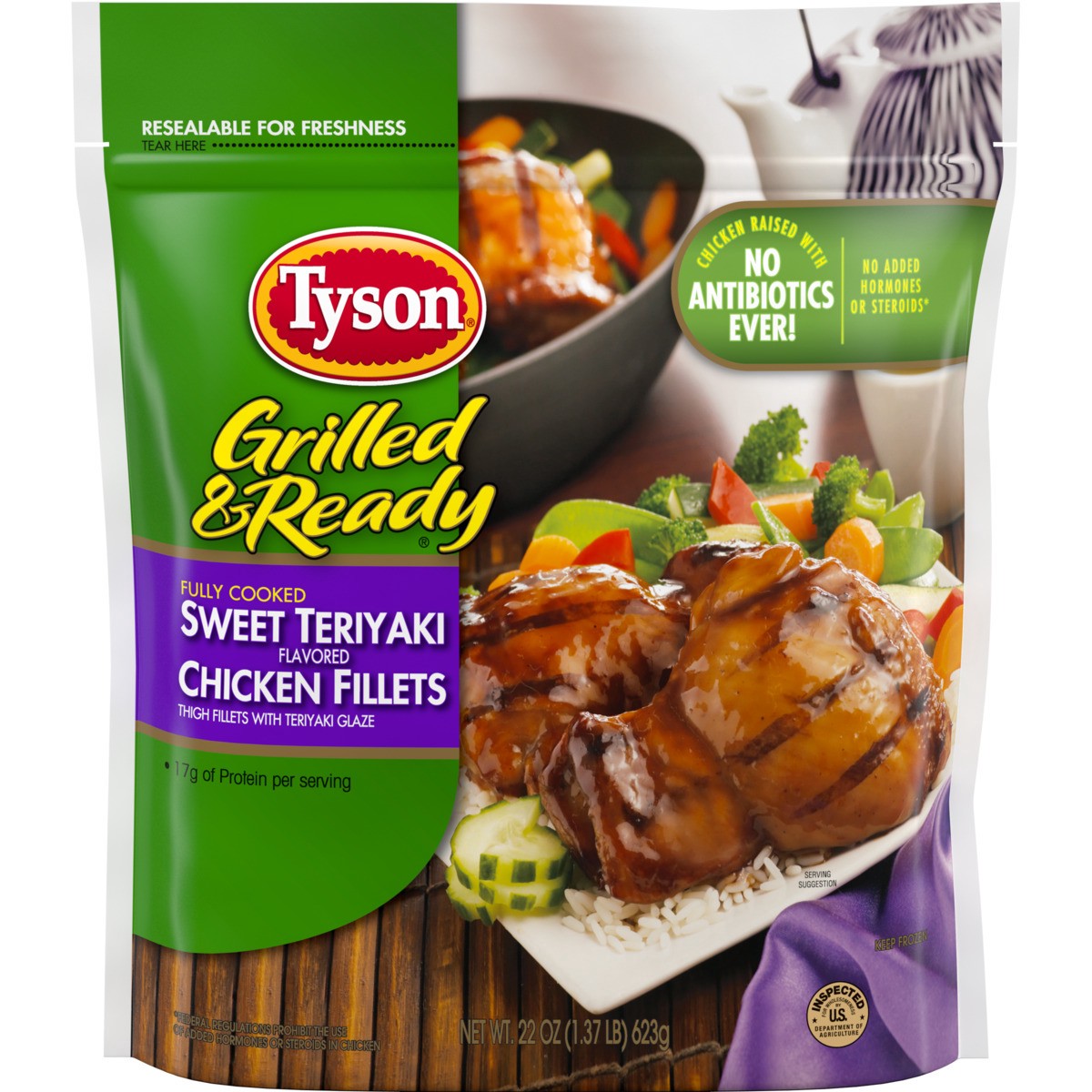 slide 1 of 6, TYSON GRILLED AND READY Tyson Grilled & Ready Fully Cooked Grilled Sweet Teriyaki Chicken Fillets, 22 oz. (Frozen), 623.69 g