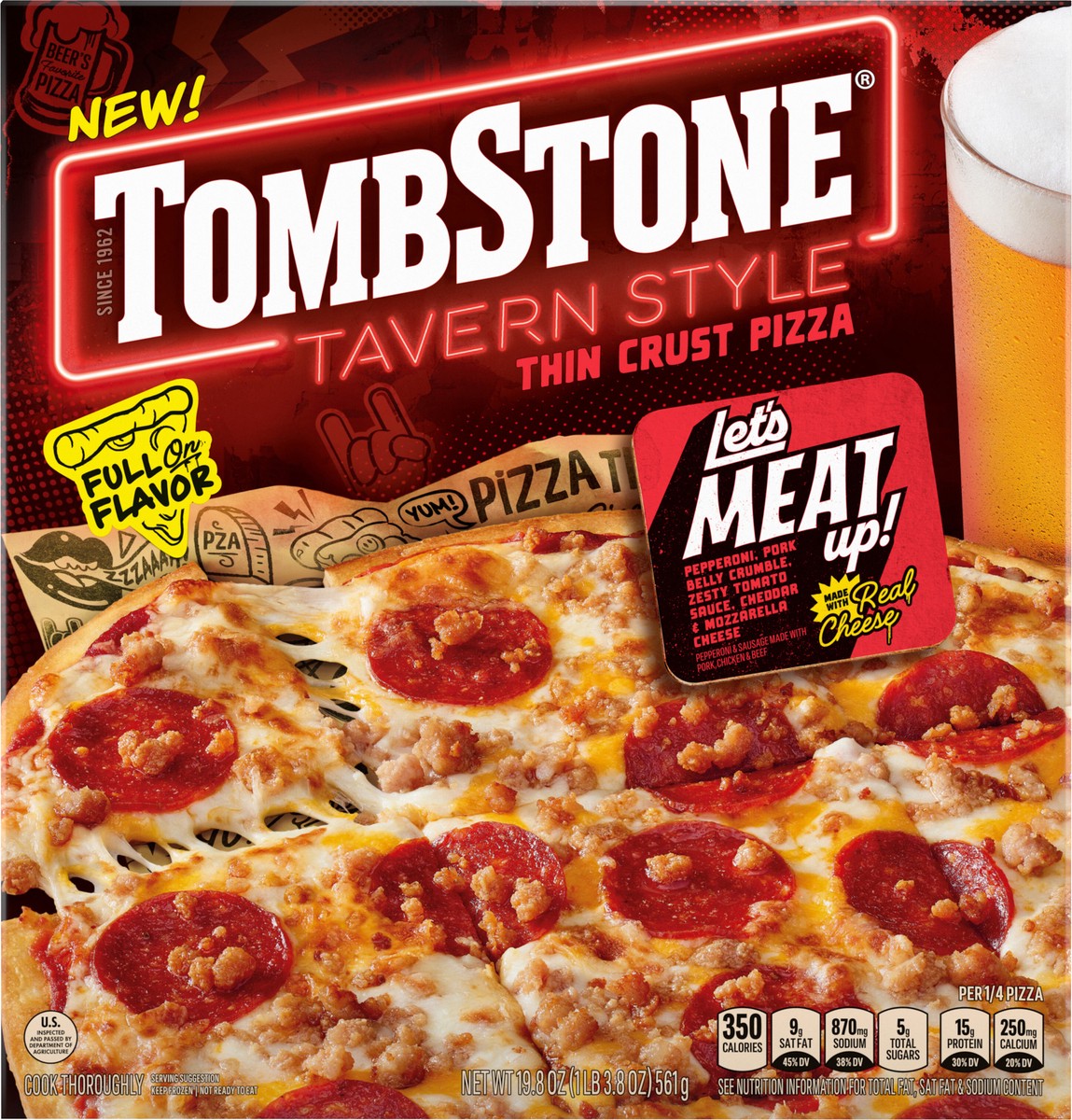 slide 12 of 13, Tombstone Tavern Style Let's Meat Up 12in Frozen Pizza 19.8oz Pack, 19.8 oz