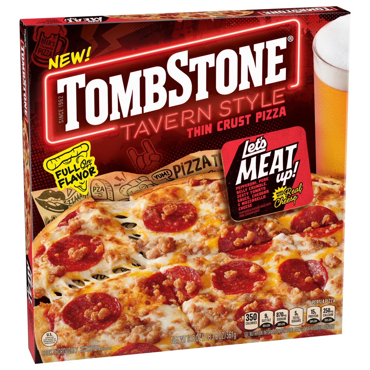 slide 13 of 13, Tombstone Tavern Style Let's Meat Up 12in Frozen Pizza 19.8oz Pack, 19.8 oz