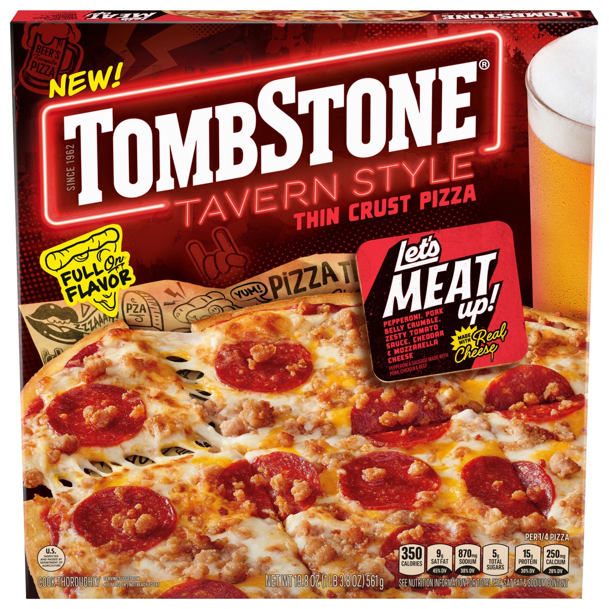 slide 10 of 13, Tombstone Tavern Style Let's Meat Up 12in Frozen Pizza 19.8oz Pack, 19.8 oz