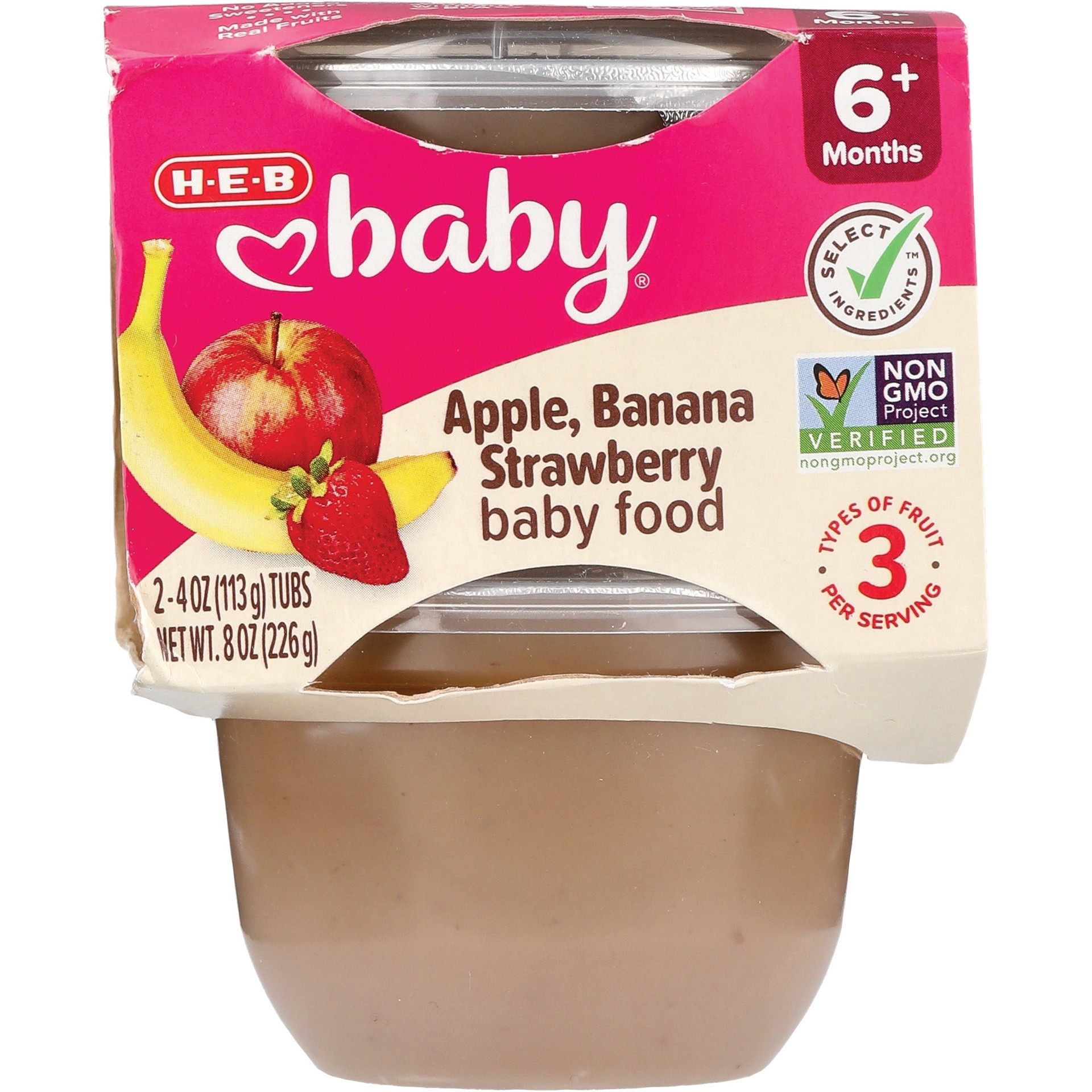 slide 1 of 1, H-E-B Baby Food - Apple Banana Strawberry, 4 oz Tubs, 2 ct