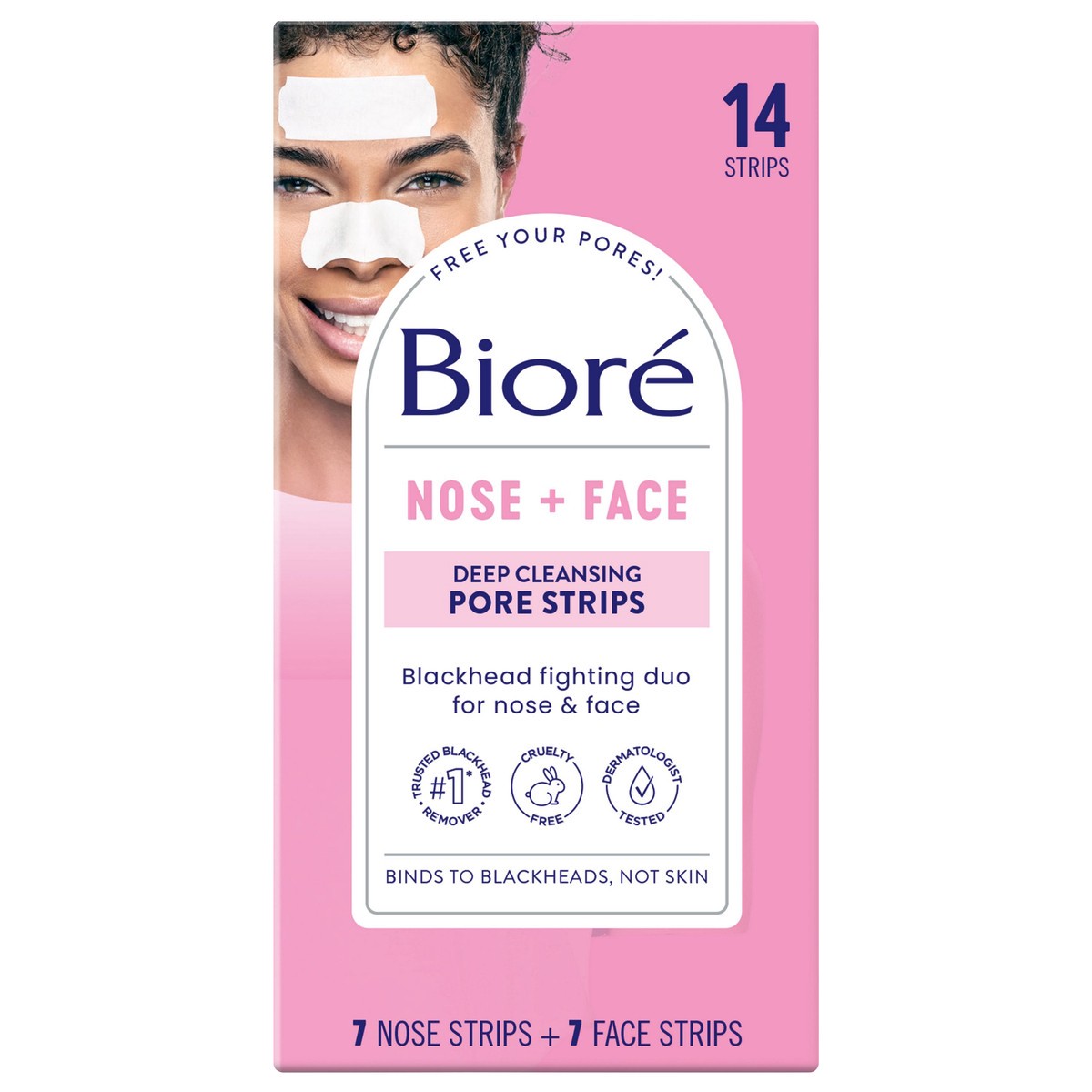 slide 1 of 12, Biore Nose+Face, Deep Cleansing Pore Strips, 7 Nose + 7 Chin or Forehead, with Instant Blackhead Removal and Pore Unclogging, 14 Count, Oil-free, Non-Comedogenic Use, 14 ct
