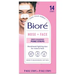 Biore Nose+Face, Deep Cleansing Pore Strips, 7 Nose + 7 Chin or Forehead, with Instant Blackhead Removal and Pore Unclogging, 14 Count, Oil-free, Non-Comedogenic Use