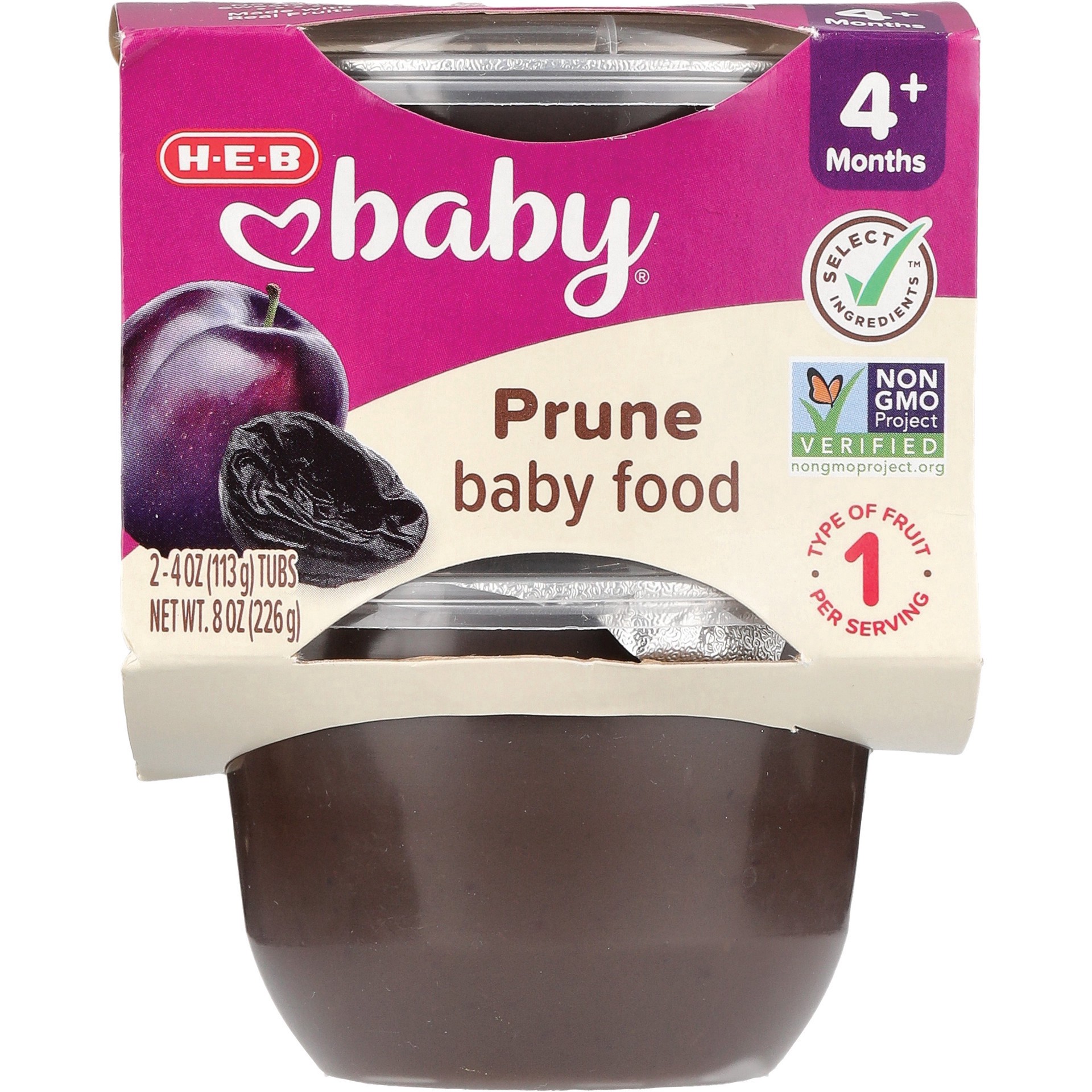 slide 1 of 1, H-E-B Baby Food - Prune, 4 oz Tubs, 2 ct