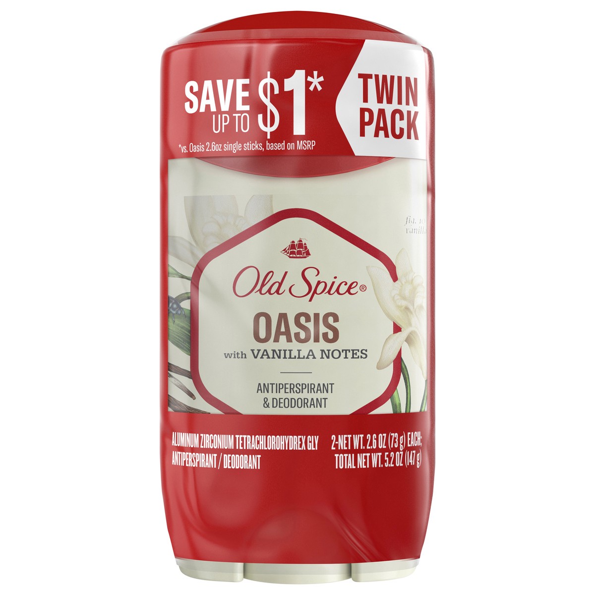 slide 8 of 8, Old Spice Men's Antiperspirant & Deodorant Oasis with Vanilla, 2.6oz, Twin Pack, 2 ct