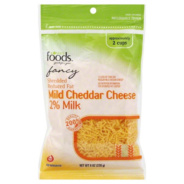 slide 1 of 1, Lowes Foods Shredded Reduced Fat Mild Cheddar Cheese, 8 oz