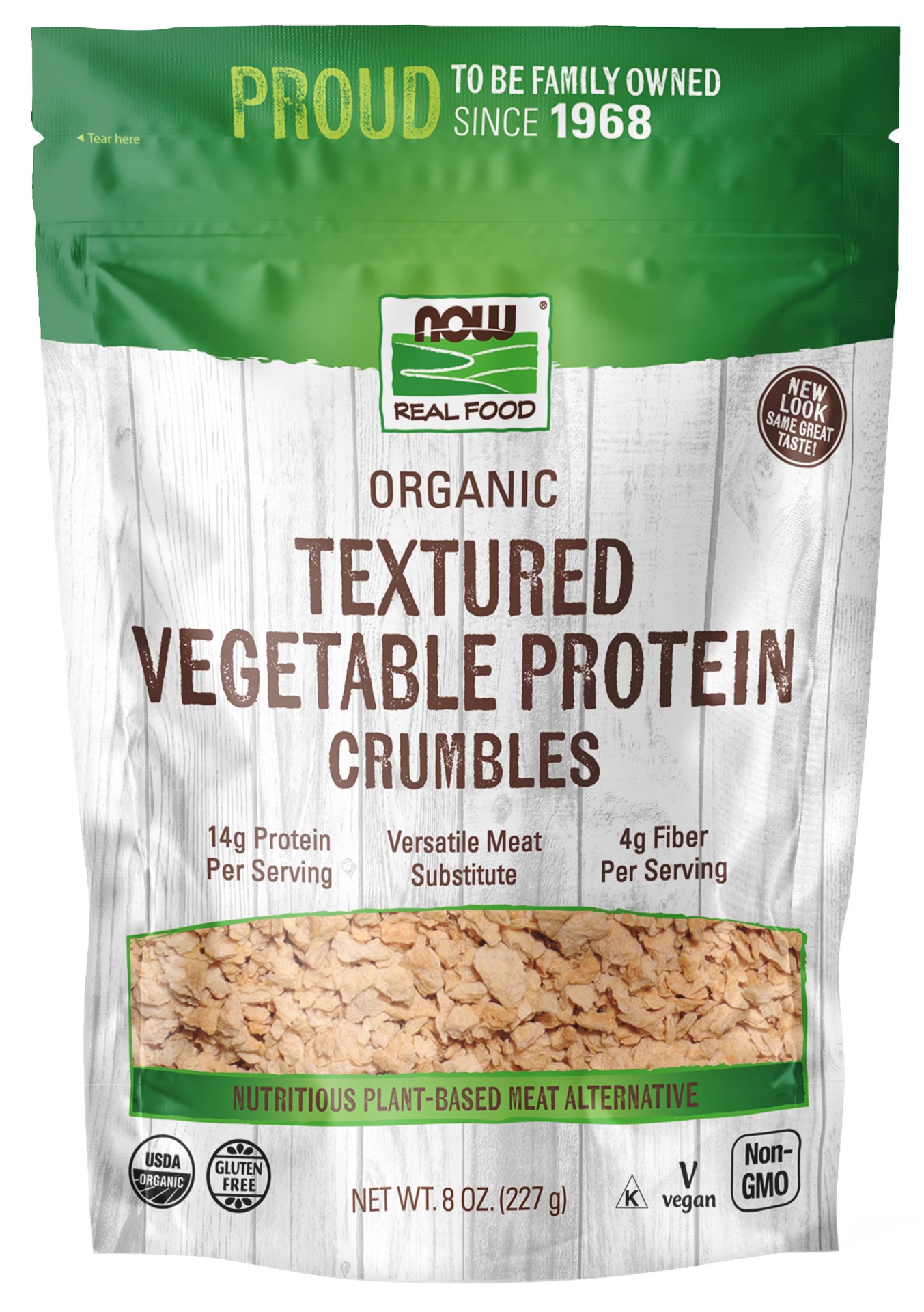 slide 1 of 3, NOW Natural Foods Textured Vegetable Protein Crumbles, Organic - 8 oz., 8 oz