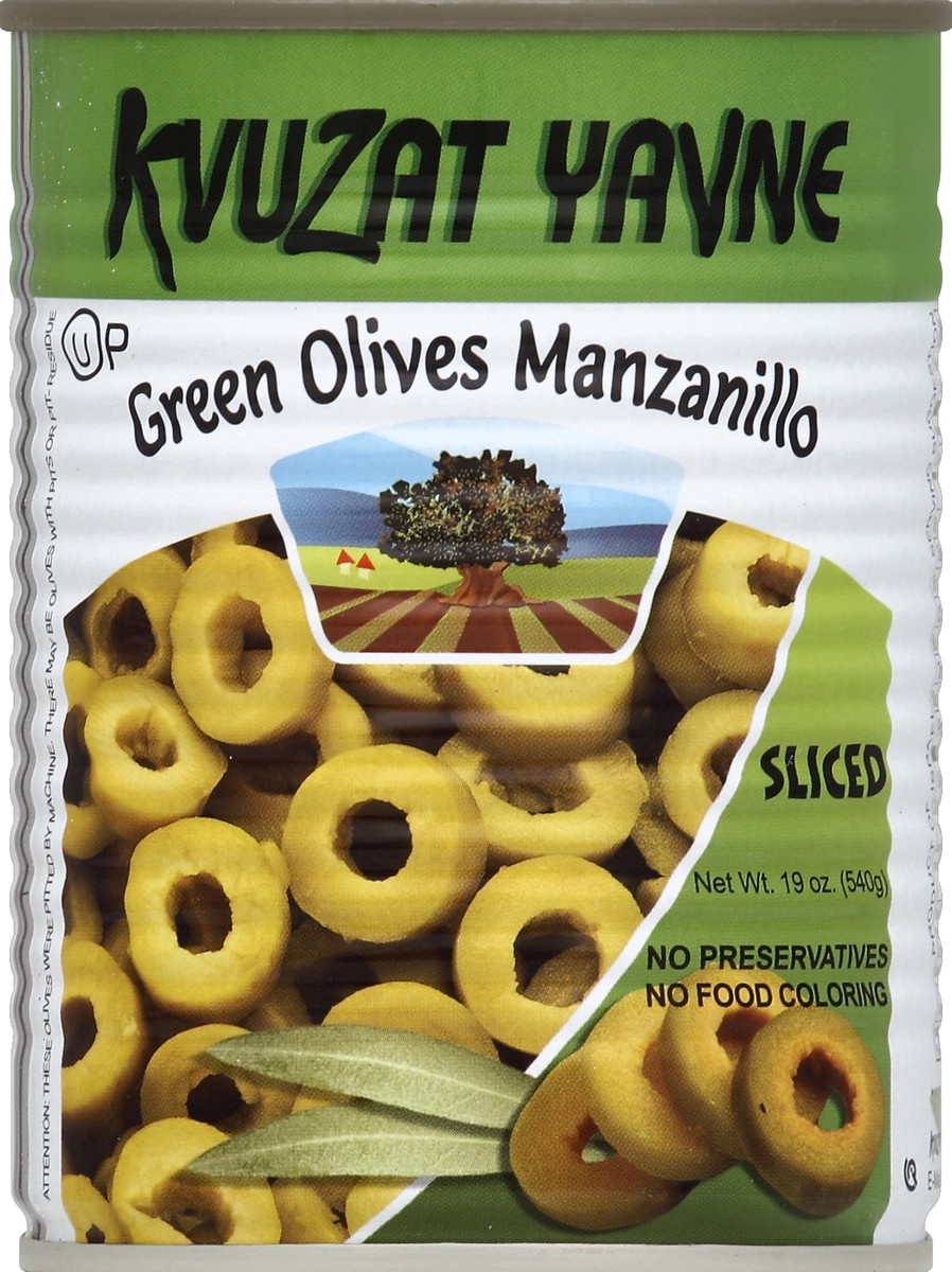 slide 2 of 2, Kvuzat Yavne Sliced Green Olives Manzanillo, 19 oz