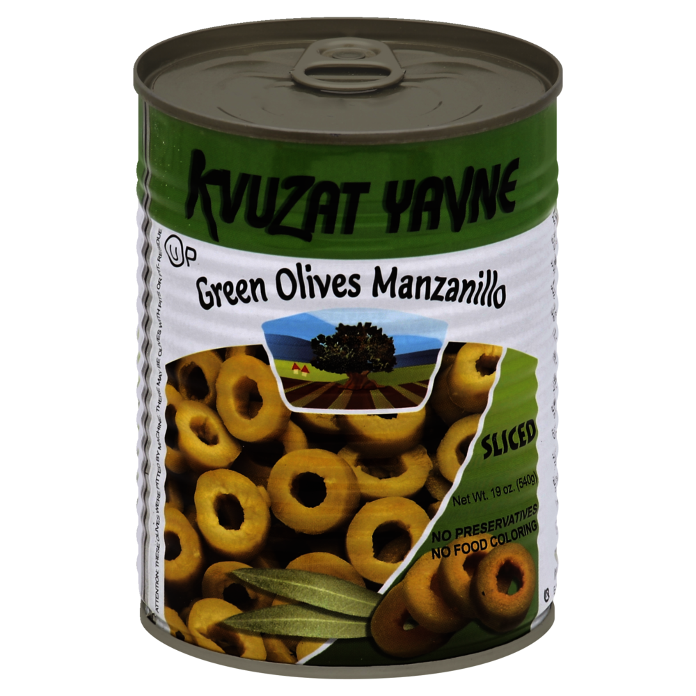 slide 1 of 1, Kvuzat Yavne Sliced Green Olives Manzanillo, 19 oz