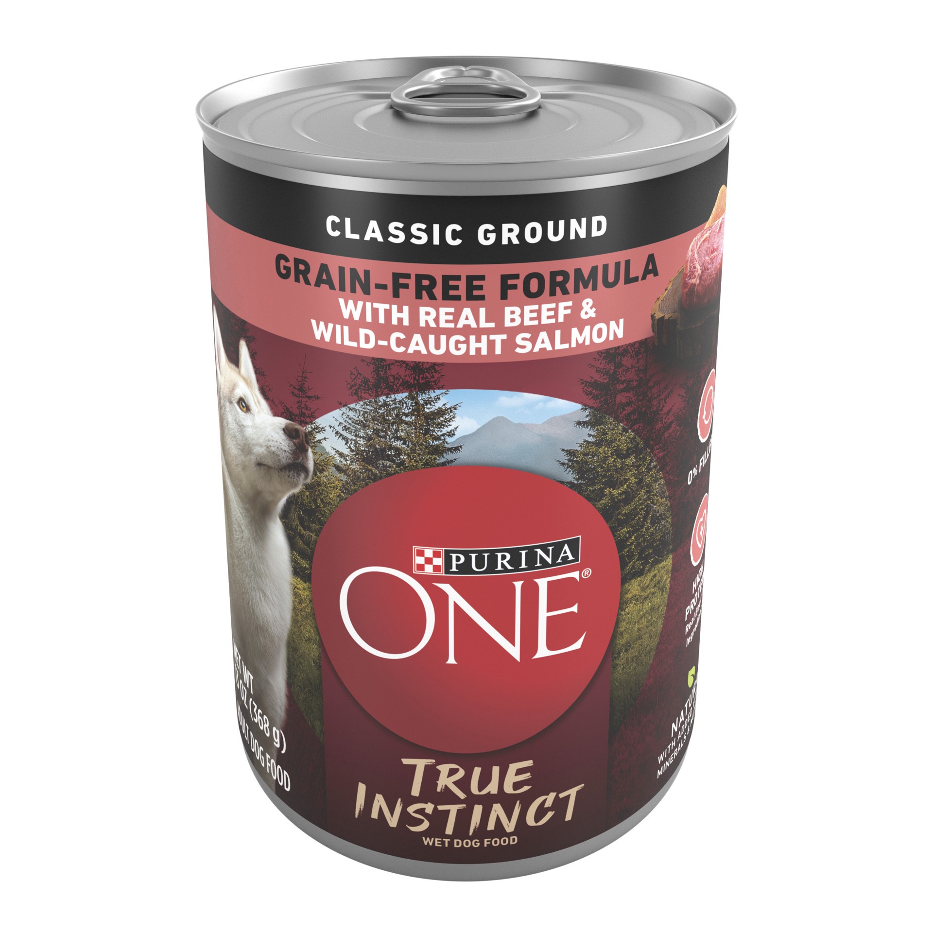 slide 1 of 8, ONE Purina ONE Wet Dog Food True Instinct Classic Ground Grain-Free Formula With Real Beef and Wild Caught Salmon High Protein Wet Dog Food, 13 oz