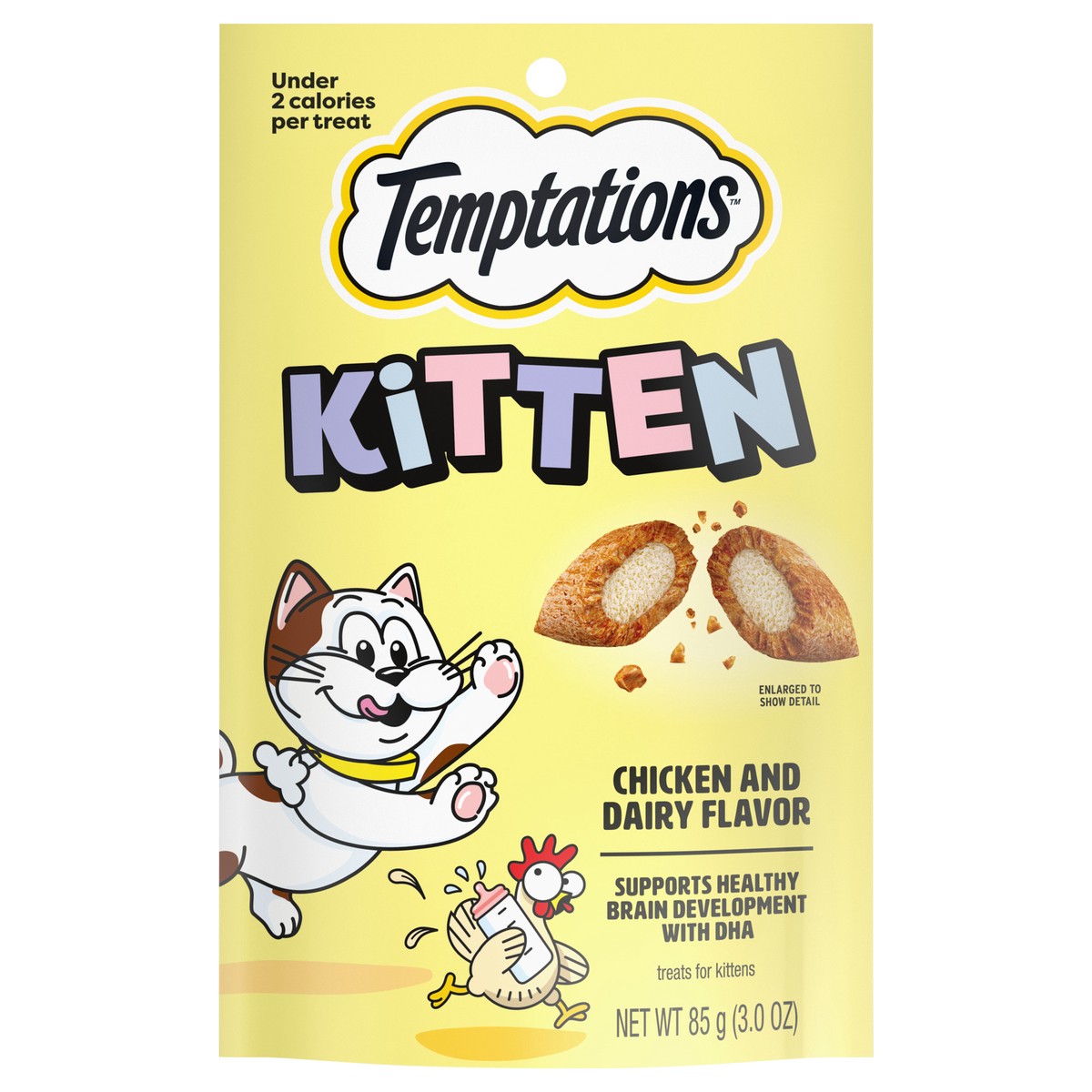 slide 1 of 3, TEMPTATIONS Chicken and Dairy Flavor Crunchy and Soft Kitten Treats, 3 oz., 3 oz