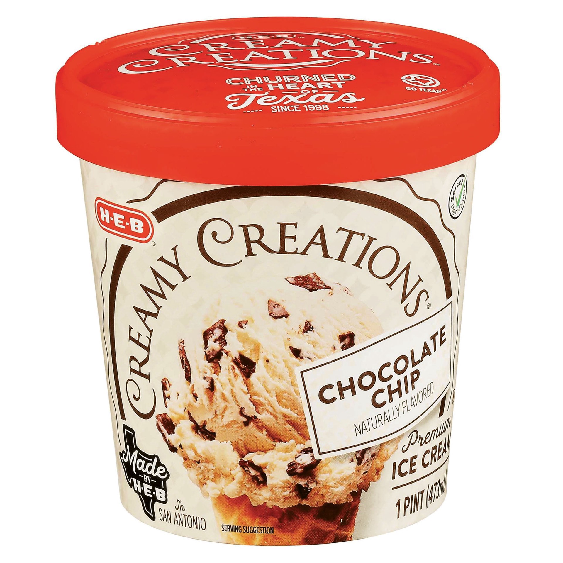 slide 1 of 1, H-E-B Creamy Creations Chocolate Chip Ice Cream, 1 pint