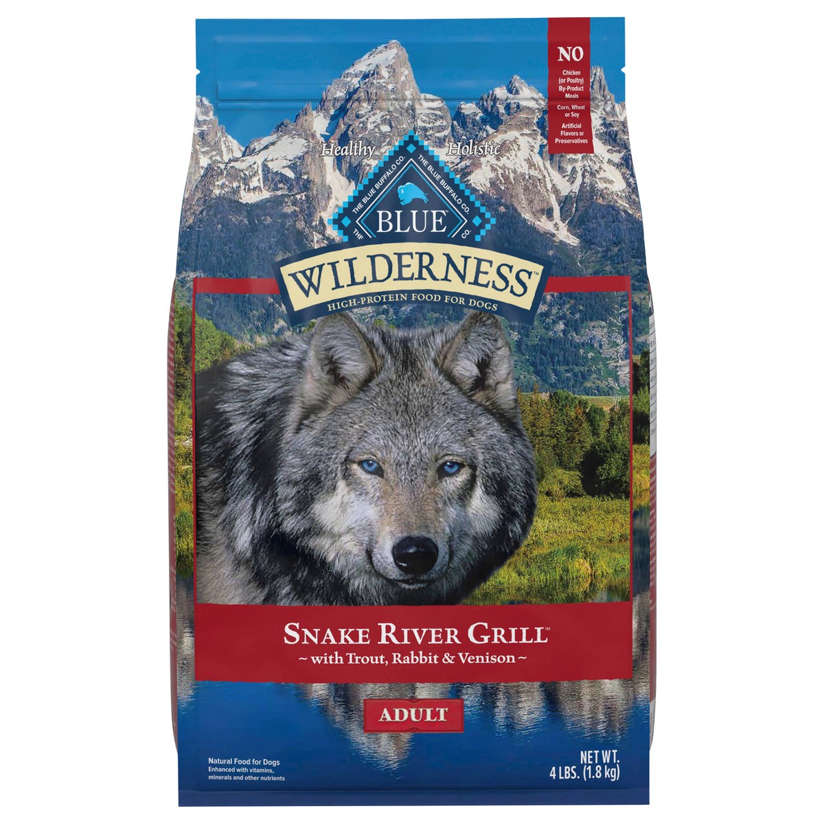 slide 7 of 13, Blue Buffalo Wilderness Snake River Grill High Protein, Natural Dry Dog Food with Trout, Venison & Rabbit 4-lb, 22 lb