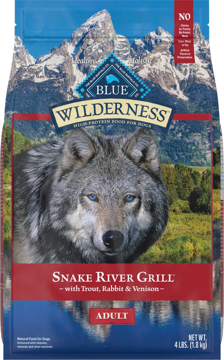 slide 12 of 13, Blue Buffalo Wilderness Snake River Grill High Protein, Natural Dry Dog Food with Trout, Venison & Rabbit 4-lb, 22 lb