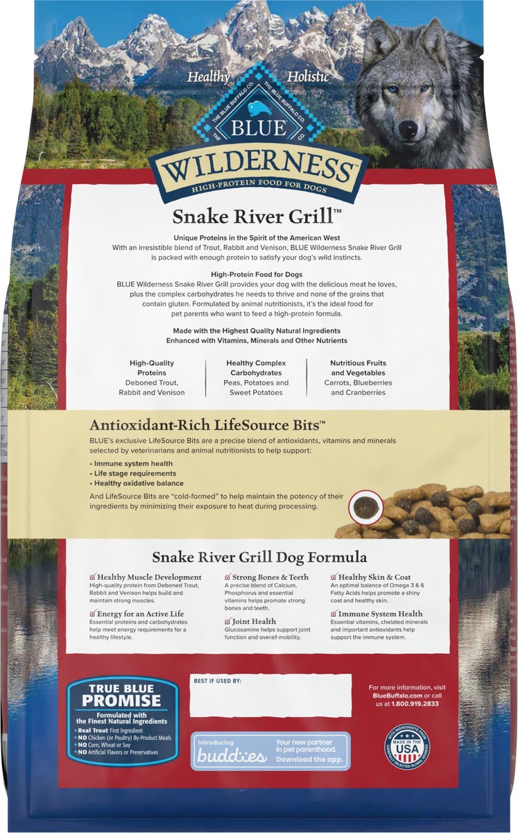 slide 4 of 13, Blue Buffalo Wilderness Snake River Grill High Protein, Natural Dry Dog Food with Trout, Venison & Rabbit 4-lb, 22 lb