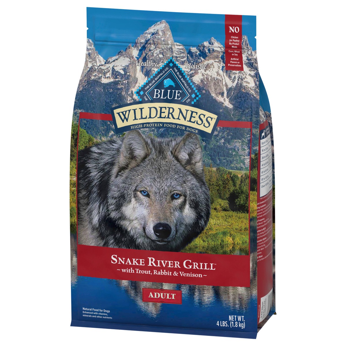 slide 10 of 13, Blue Buffalo Wilderness Snake River Grill High Protein, Natural Dry Dog Food with Trout, Venison & Rabbit 4-lb, 22 lb