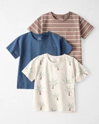 Littleplanet Toddler 3-Pack Organic Cotton Tees Palm Tree Print, Dark Sea Blue, Koala Brown 5T
