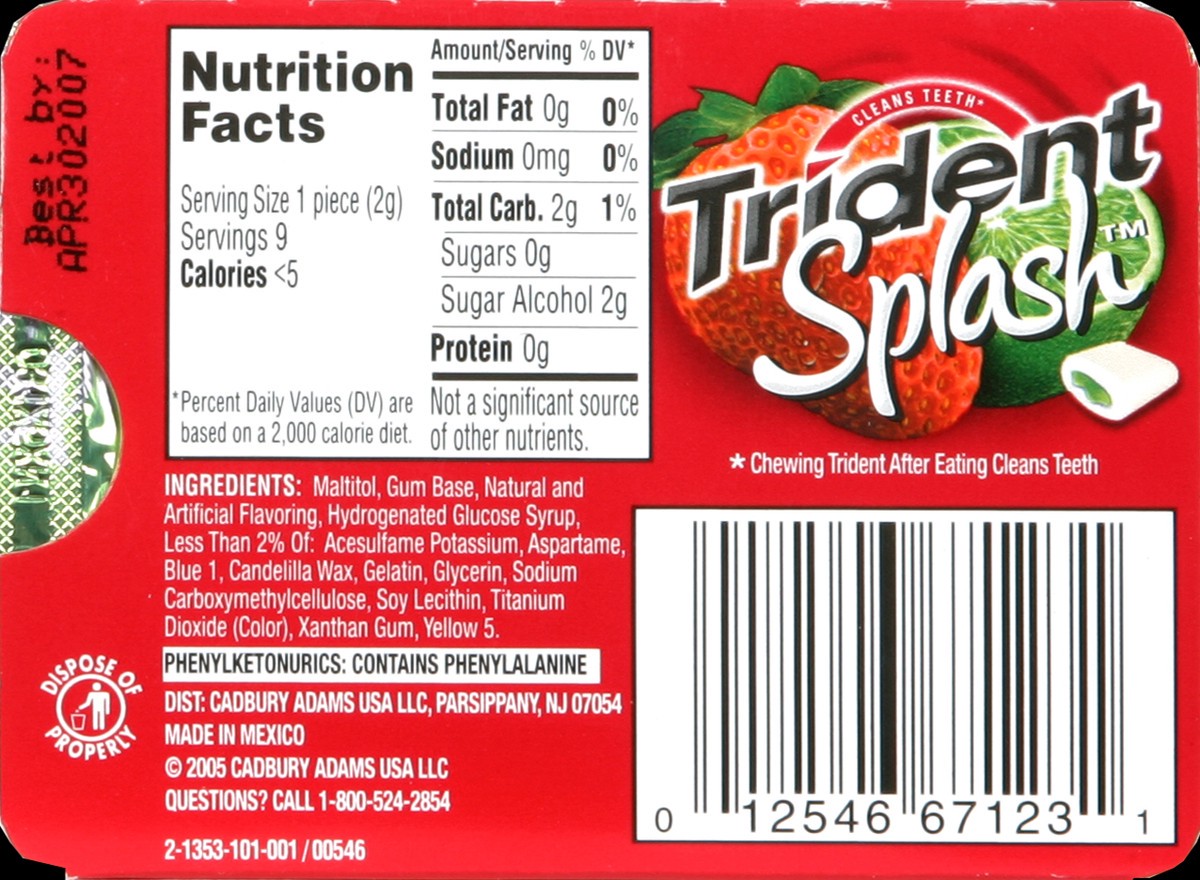 slide 6 of 6, Trident Splash Strawberry with Lime Sugar Free Gum, 9 Piece Pack, 9 ct