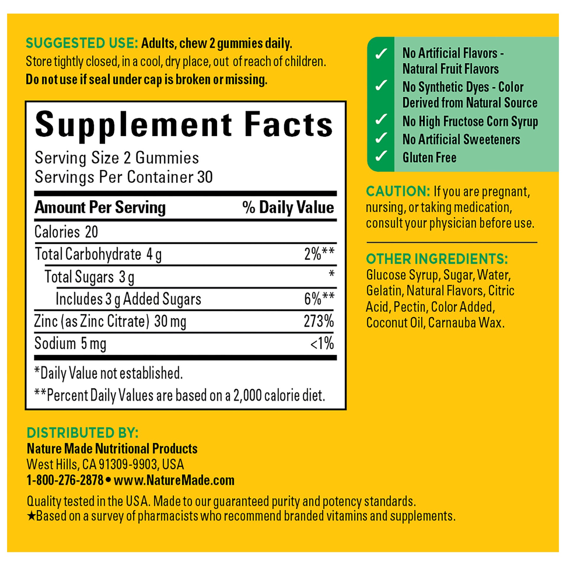 slide 2 of 7, Nature Made Extra Strength Zinc Supplements 30 mg, Dietary Supplement for Immune Health and Antioxidant Support, 60 Zinc Gummies, 30 Day Supply, 60 ct