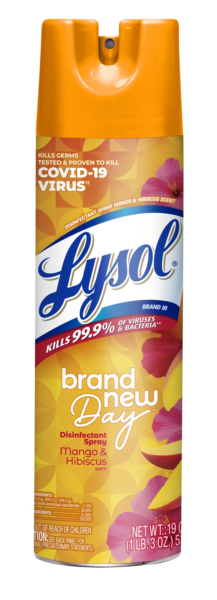 slide 1 of 9, Lysol Disinfectant Spray, Sanitizing and Antibacterial Spray, For Disinfecting and Deodorizing, Brand New Day - Mango & Hibiscus, 19 Fl Oz., 19 oz