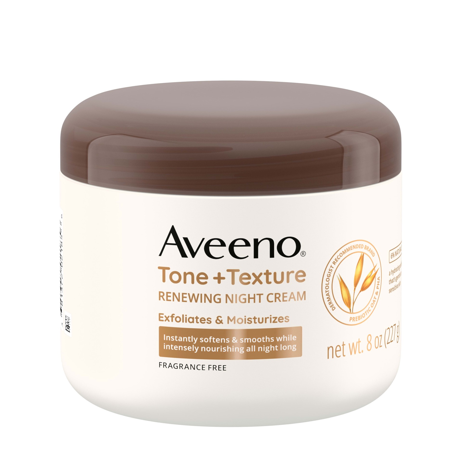 slide 1 of 9, Aveeno Tone + Texture Renewing Body Night Cream With Prebiotic Oat, Gently Exfoliates & Moisturizes Sensitive Skin, Instantly Softens & Smooths & Intensely Nourishes, Fragrance-Free, 8 oz, 8 oz
