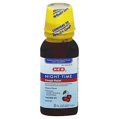 slide 1 of 1, H-E-B Night Time Cough Relief Cherry Flavor Syrup, 8 oz