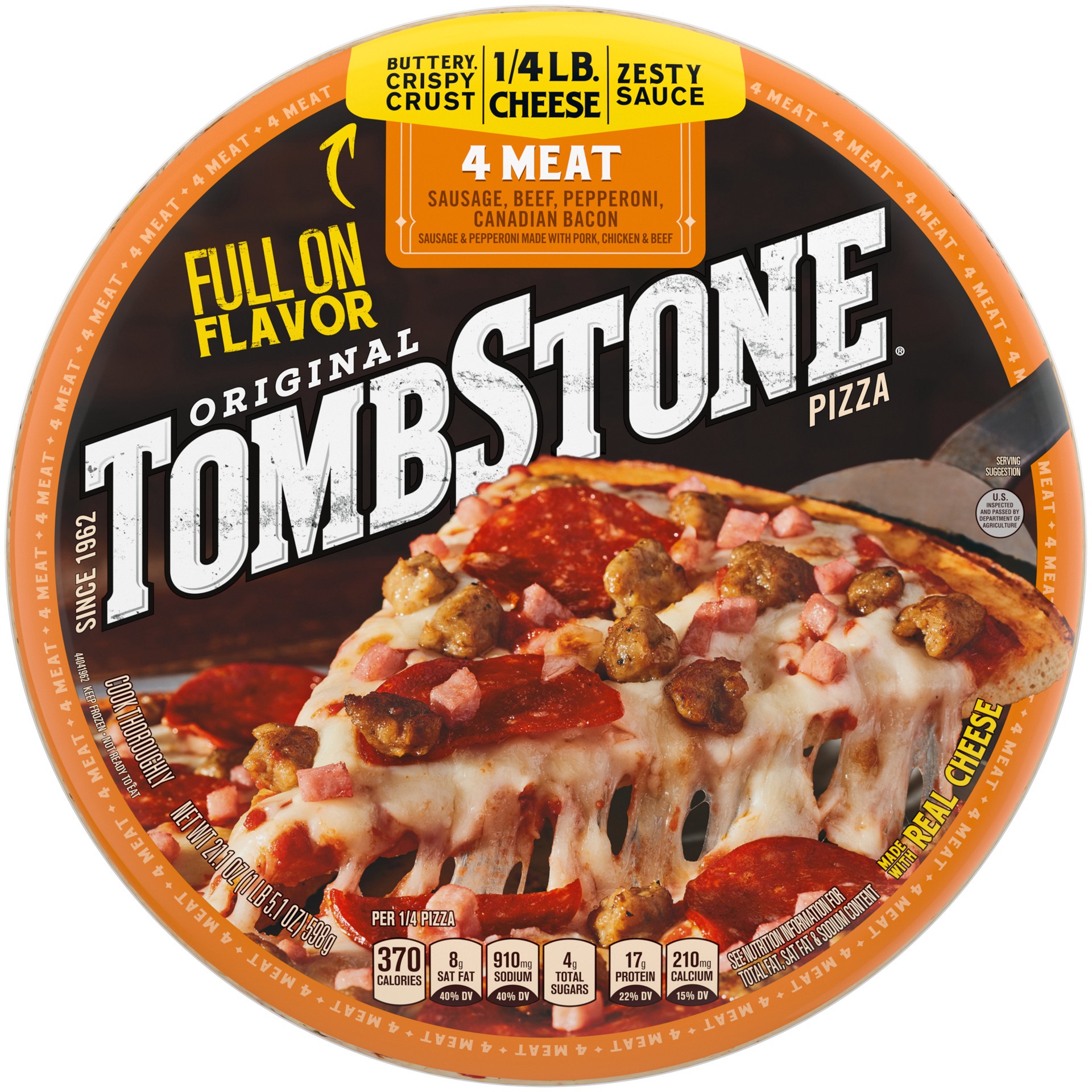 slide 1 of 10, Tombstone Four Meat Frozen Pizza, 21.21 oz