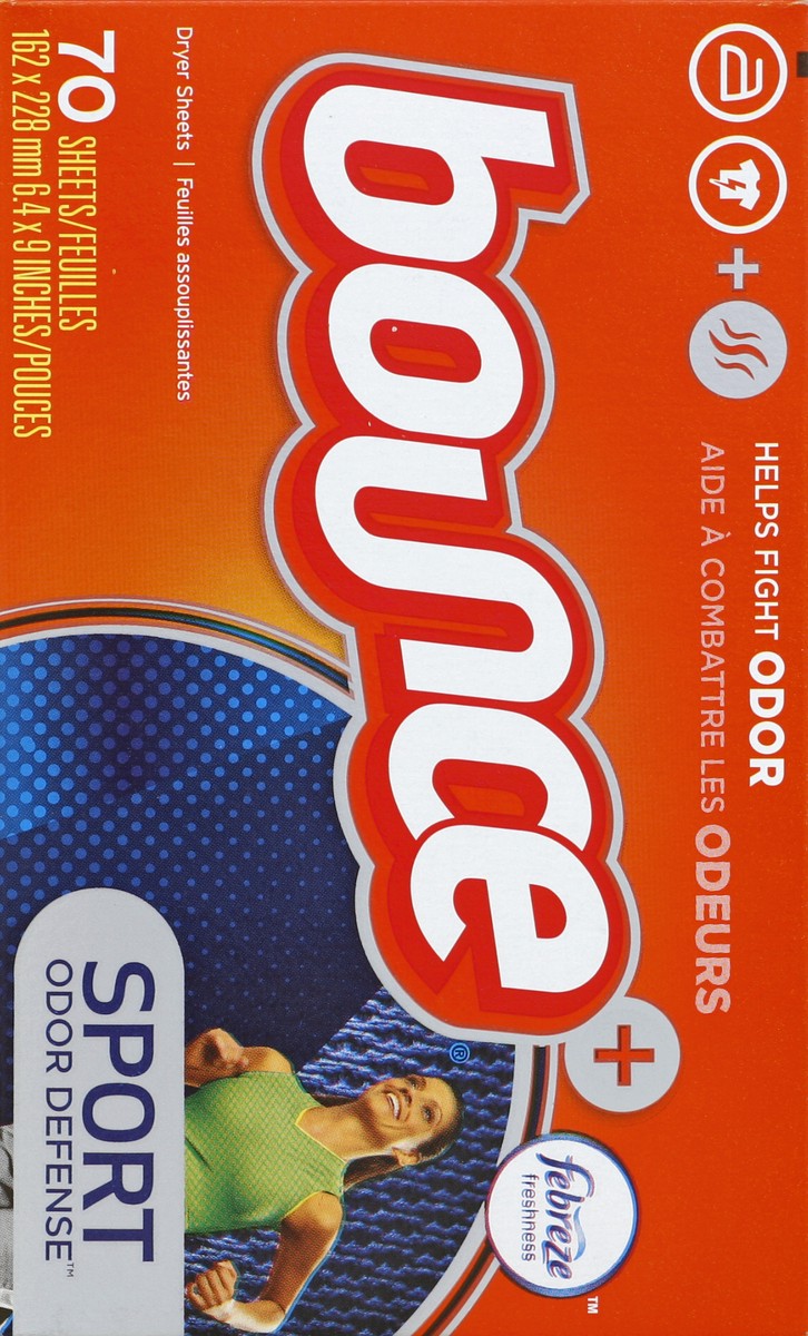 slide 5 of 5, Bounce Plus Febreze Sport Odor Defense Fabric Softener Dryer Sheets, 70 ct