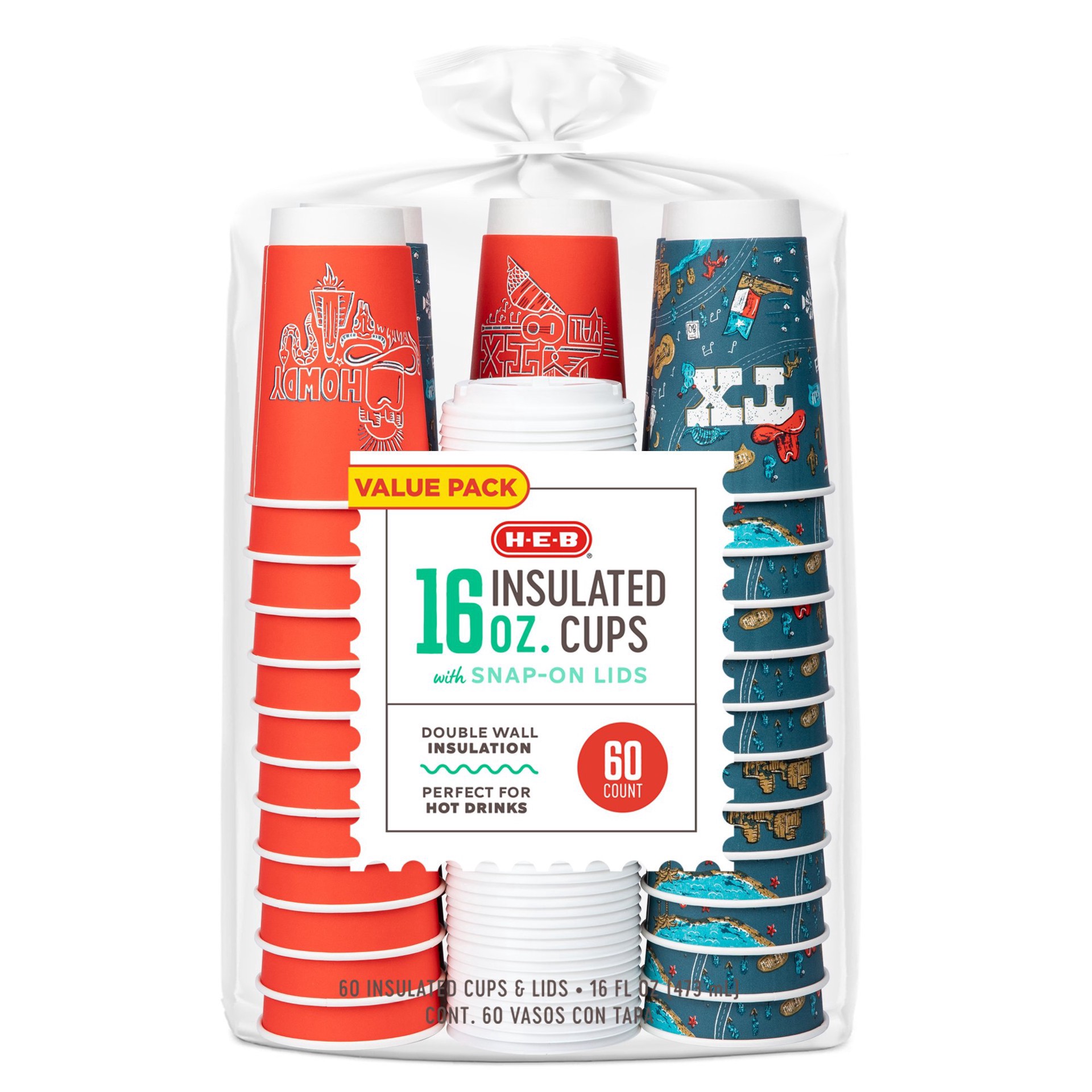 slide 1 of 1, H-E-B Insulated 16 oz Disposable Coffee Cups with Snap-On Lids - Value Pack, 60 ct