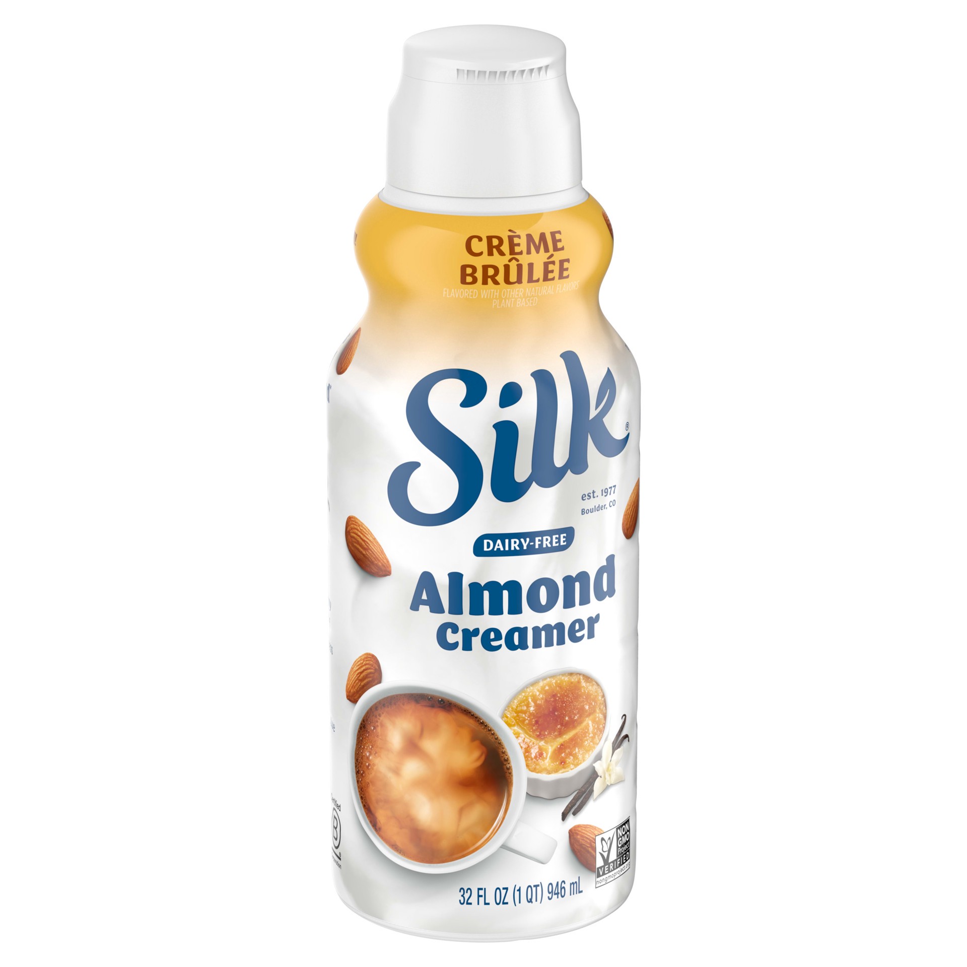 slide 3 of 5, Silk Almond Creamer, Creme Brulee, Dairy Free, Gluten Free, 32 FL OZ Carton, 32 fl oz