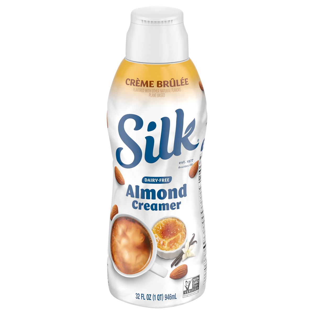 slide 1 of 5, Silk Almond Creamer, Creme Brulee, Dairy Free, Gluten Free, 32 FL OZ Carton, 32 fl oz