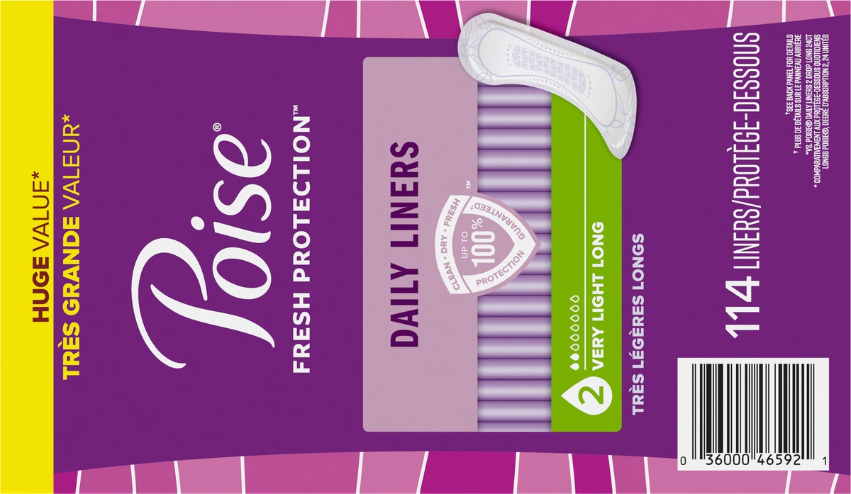 slide 3 of 9, Poise Daily Incontinence Panty Liners, 2 Drop Very Light Absorbency, Long, 114 Count of Pantiliners, 114 ct