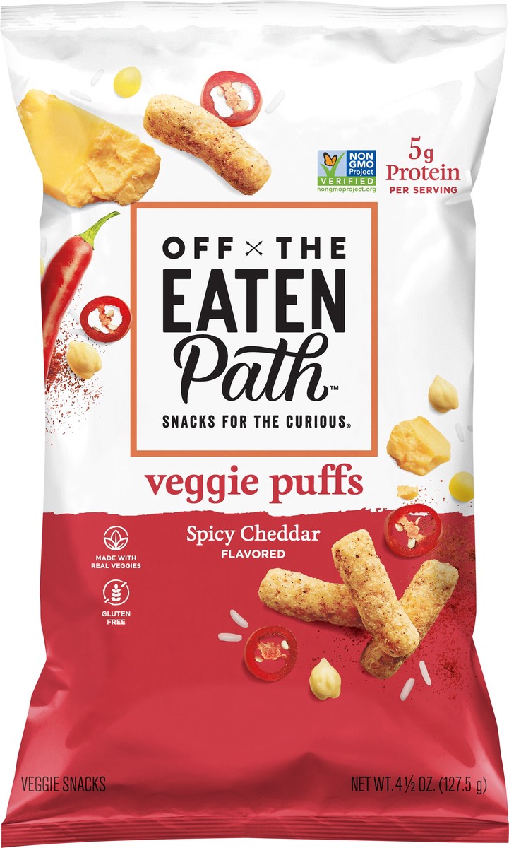 slide 1 of 6, Off the Eaten Path Spicy Cheddar Flavored Veggie Puffs 4.5 oz, 4.5 oz