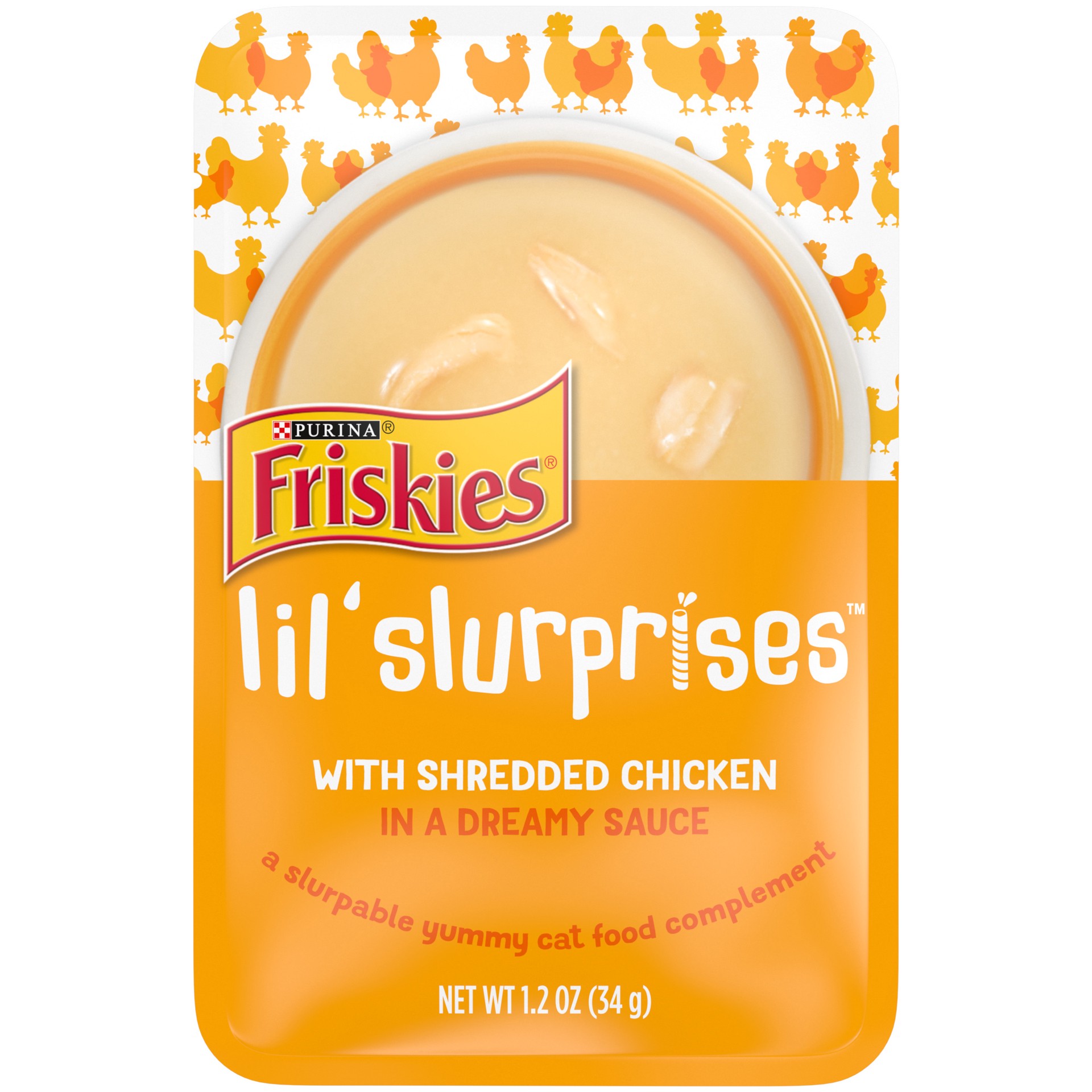 slide 1 of 7, Friskies Purina Friskies Wet Cat Food Lickable Cat Treats, Lil'' Slurprises With Shredded Chicken in a Dreamy Sauce, 1.2 oz