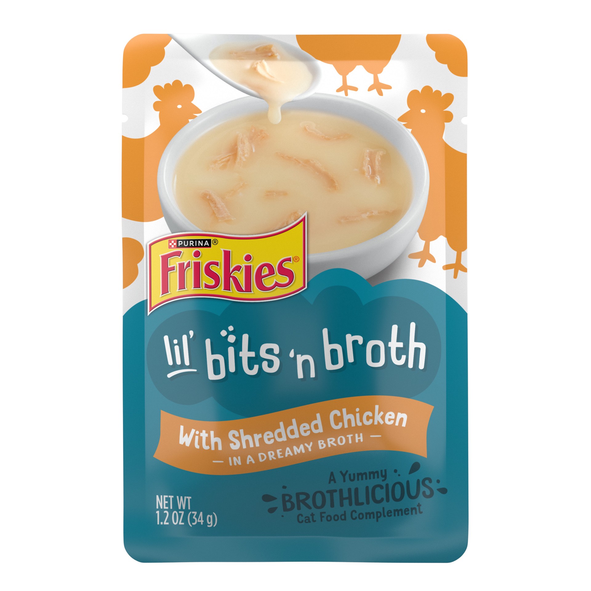 slide 1 of 7, Friskies Purina Friskies Lickable Cat Treats Bits ‘n Broth With Shredded Chicken in a Dreamy Broth, 1.2 oz