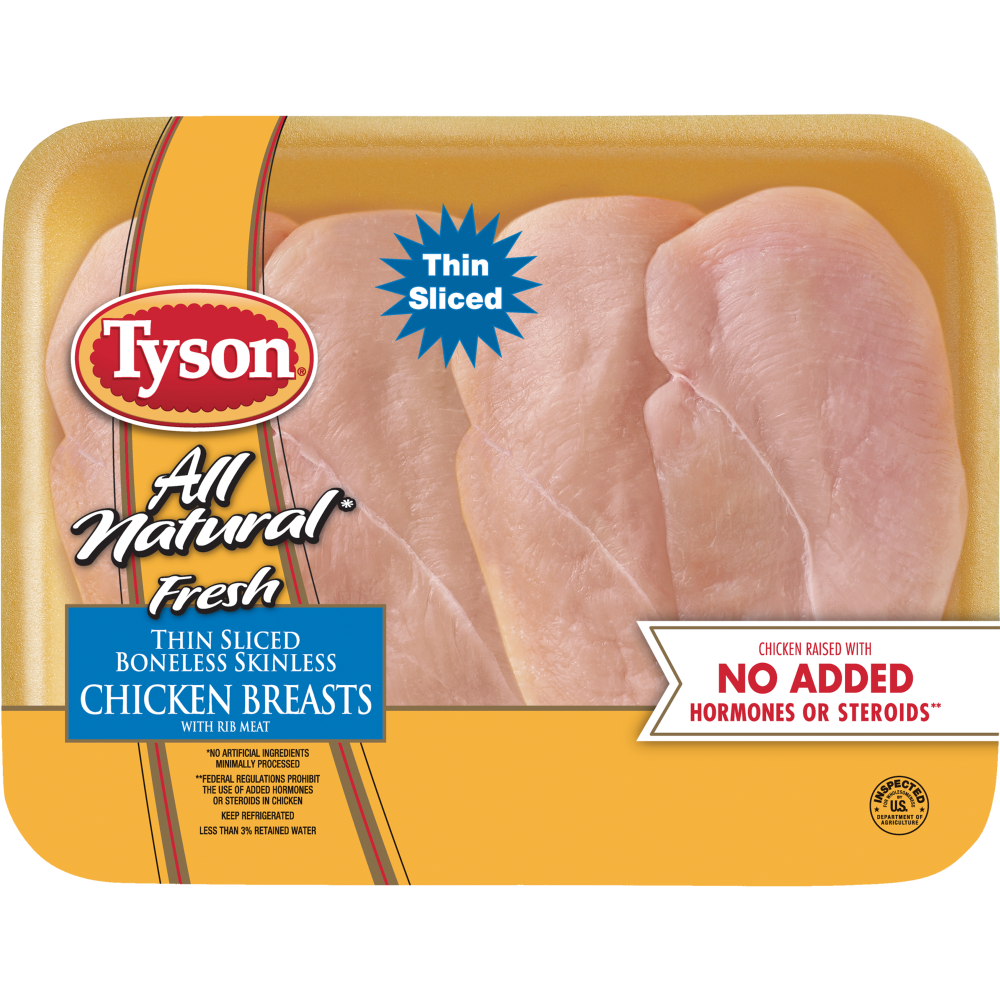 slide 1 of 6, Tyson All Natural Fresh Thin Sliced Boneless Skinless Chicken Breasts With Rib Meat, per lb